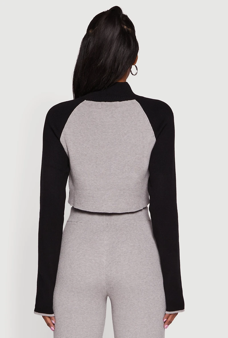 Color Blocked Half Zip Crop Sweater