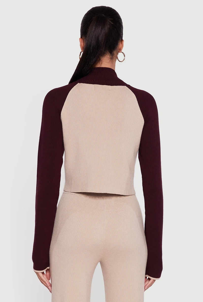 Womens Color Blocked Zip Front Crop Sweater, M