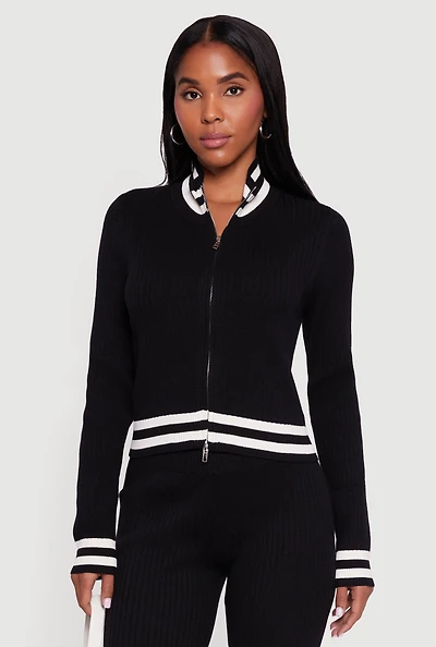 Womens Varsity Stripe Detail Zip Front Sweater,