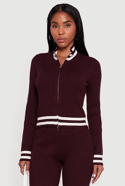 Varsity Stripe Detail Zip Front Sweater
