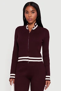 Varsity Stripe Detail Zip Front Sweater
