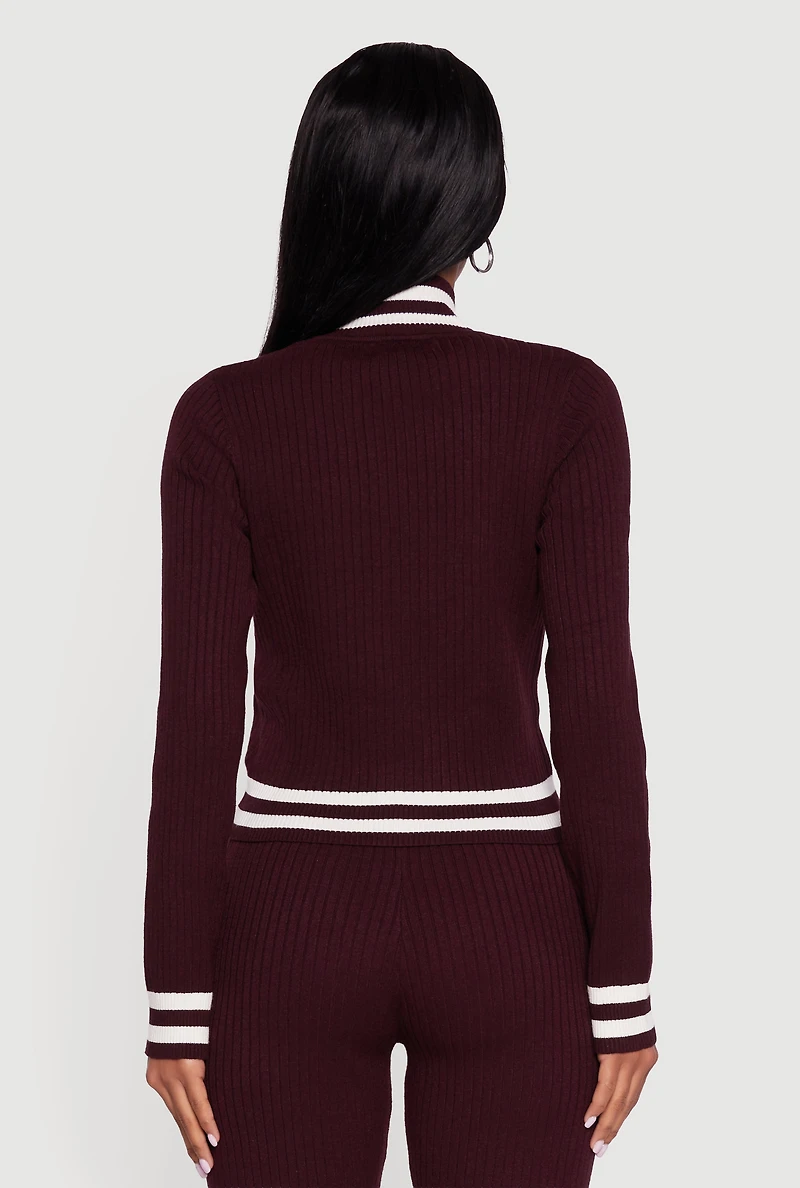 Varsity Stripe Detail Zip Front Sweater