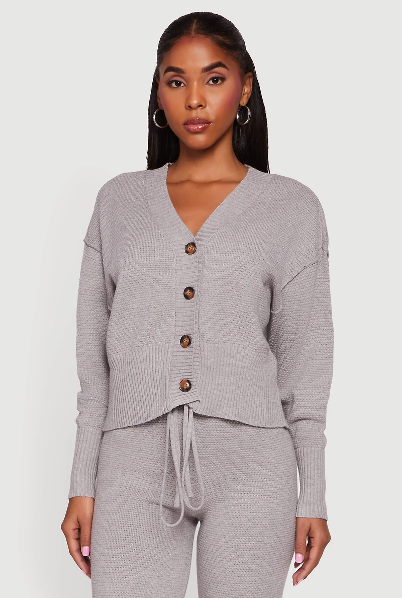 Waffle Knit Long Sleeve Button Front Cardigan
