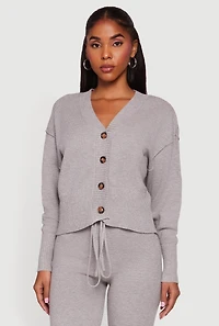 Waffle Knit Long Sleeve Button Front Cardigan