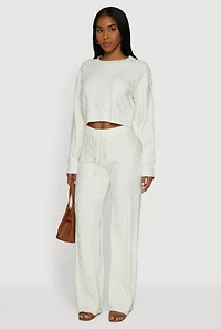 Womens High Waisted Drawstring Cable Knit Pants, White, Size S