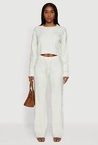 Womens High Waisted Drawstring Cable Knit Pants, White, Size S