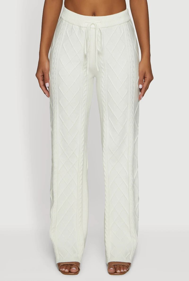 Womens High Waisted Drawstring Cable Knit Pants, White, Size S