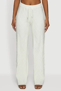 Womens High Waisted Drawstring Cable Knit Pants, White, Size S