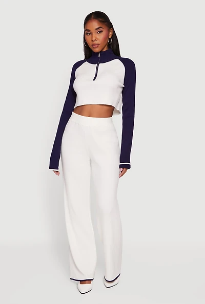 Womens Contrast Trim Straight Leg Pants, White, Size XL