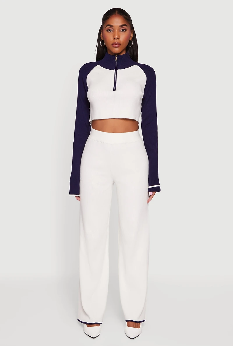 Womens Contrast Trim Straight Leg Pants, White, Size XL