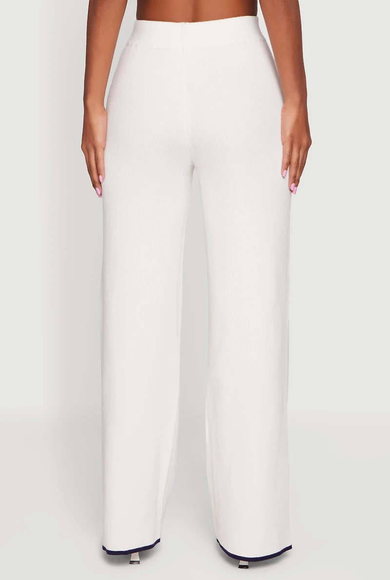 Womens Contrast Trim Straight Leg Pants, White, Size XL