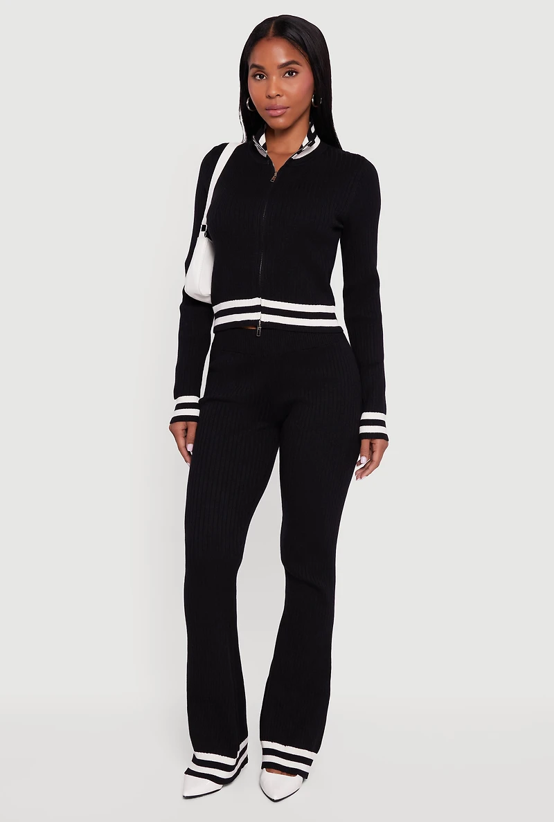 Womens Varsity Stripe Ribbed Knit Boot Cut Pants,