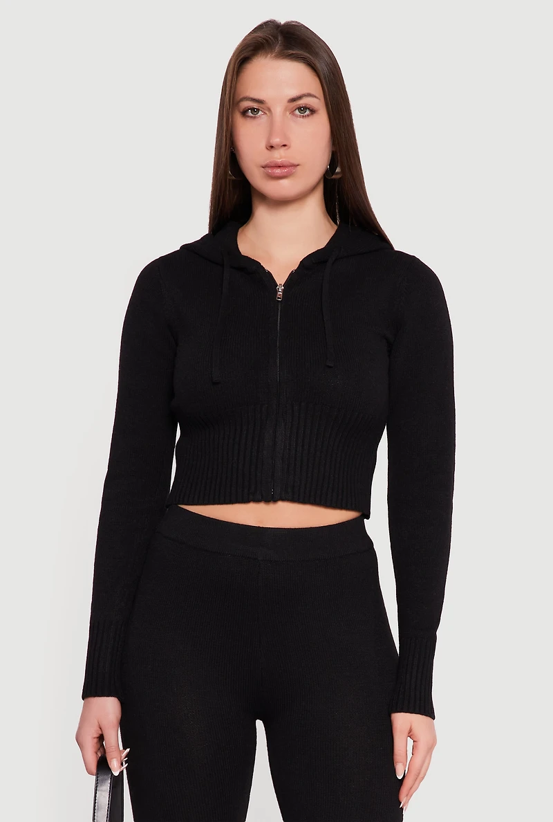 Cropped Hooded Zip Front Sweater
