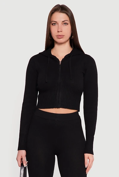 Cropped Hooded Zip Front Sweater