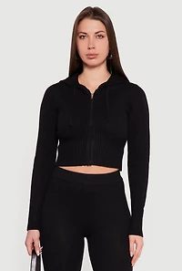 Cropped Hooded Zip Front Sweater