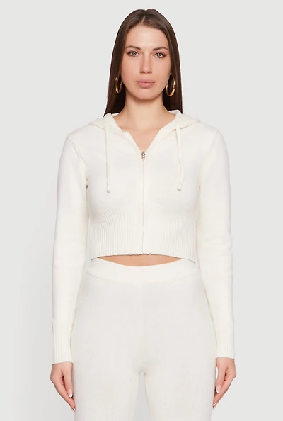 Cropped Hooded Zip Front Sweater