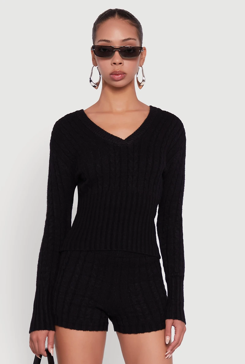 Womens Cable Knit V Neck Hooded Sweater,