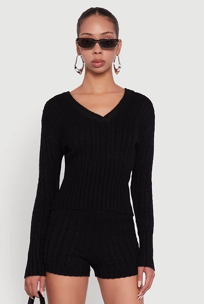 Womens Cable Knit V Neck Hooded Sweater,