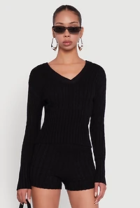 Womens Cable Knit V Neck Hooded Sweater,