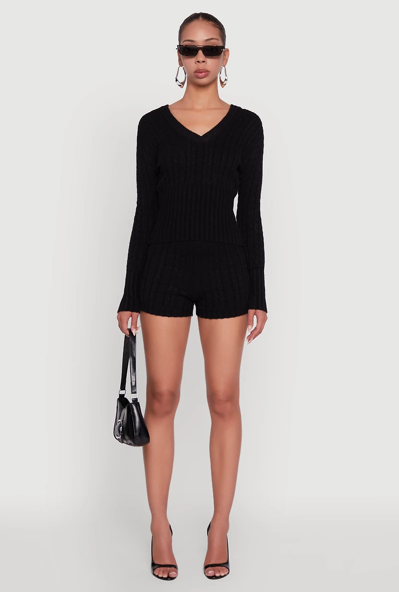 Womens Cable Knit V Neck Hooded Sweater,