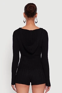 Womens Cable Knit V Neck Hooded Sweater,