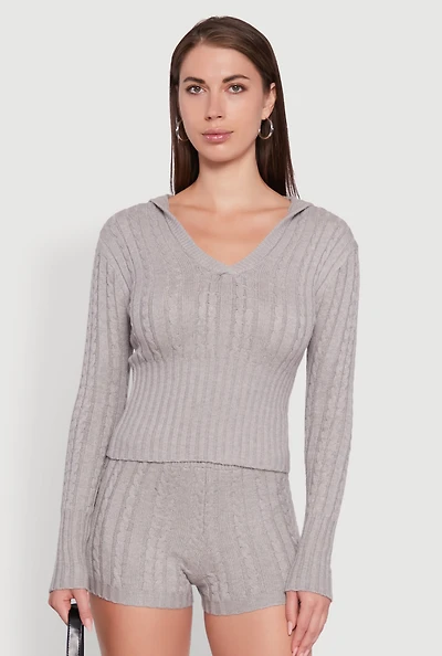 Womens Cable Knit V Neck Hooded Sweater, Grey, Size M