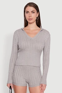 Womens Cable Knit V Neck Hooded Sweater, Grey, Size M