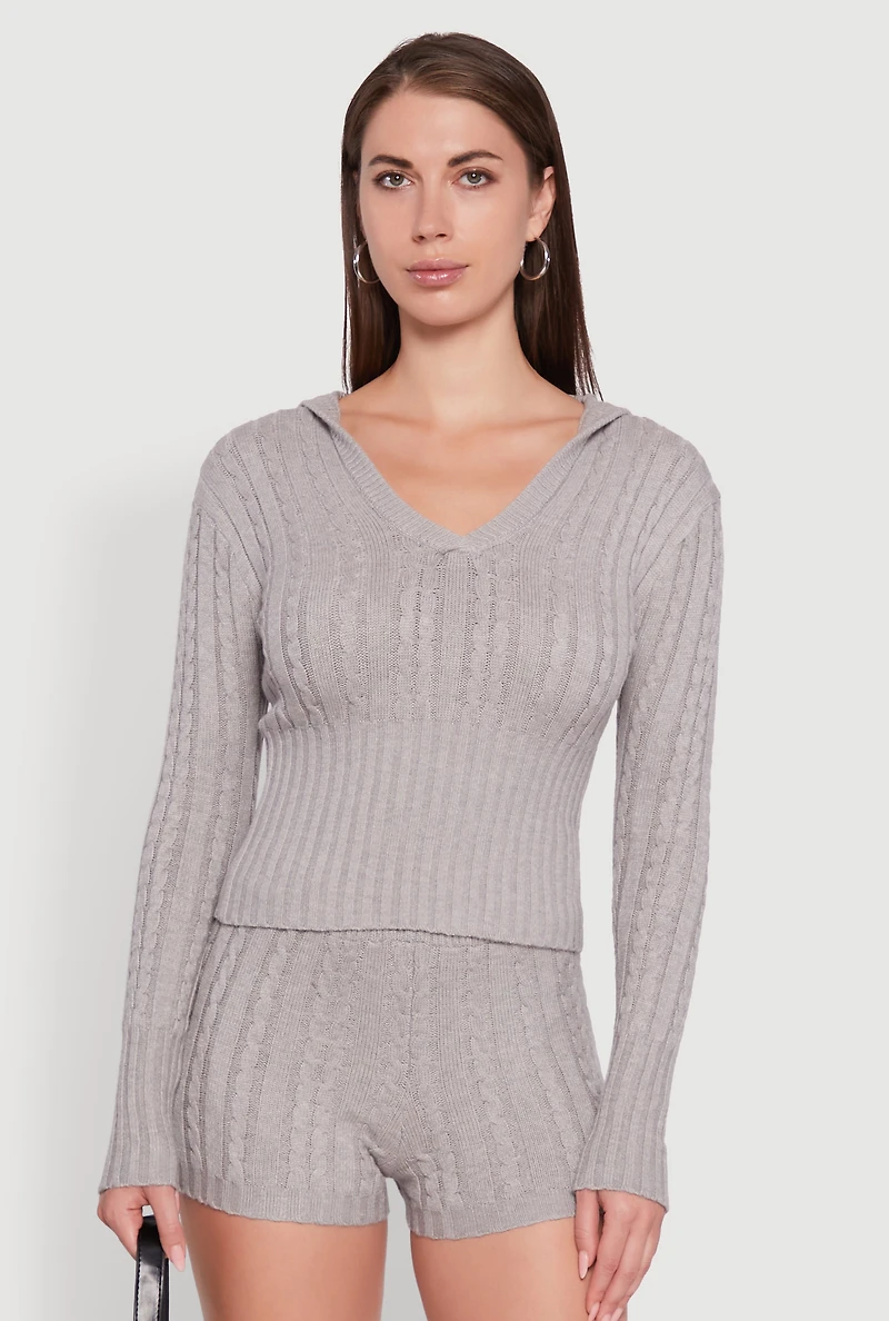 Womens Cable Knit V Neck Hooded Sweater, Grey, Size L