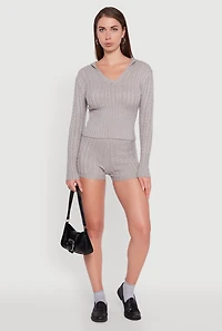 Womens Cable Knit V Neck Hooded Sweater, Grey, Size M