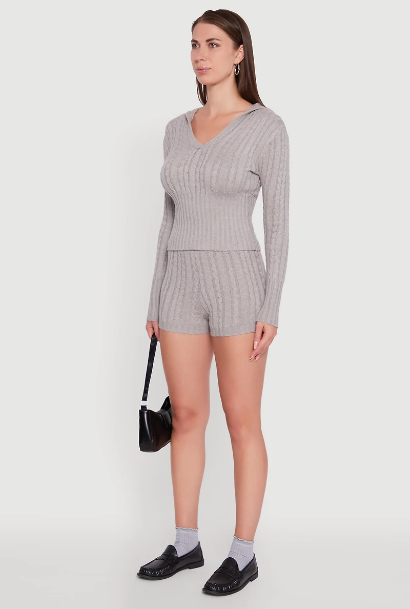 Womens Cable Knit V Neck Hooded Sweater, Grey, Size M