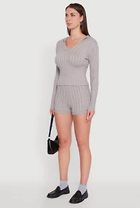 Womens Cable Knit V Neck Hooded Sweater, Grey, Size M