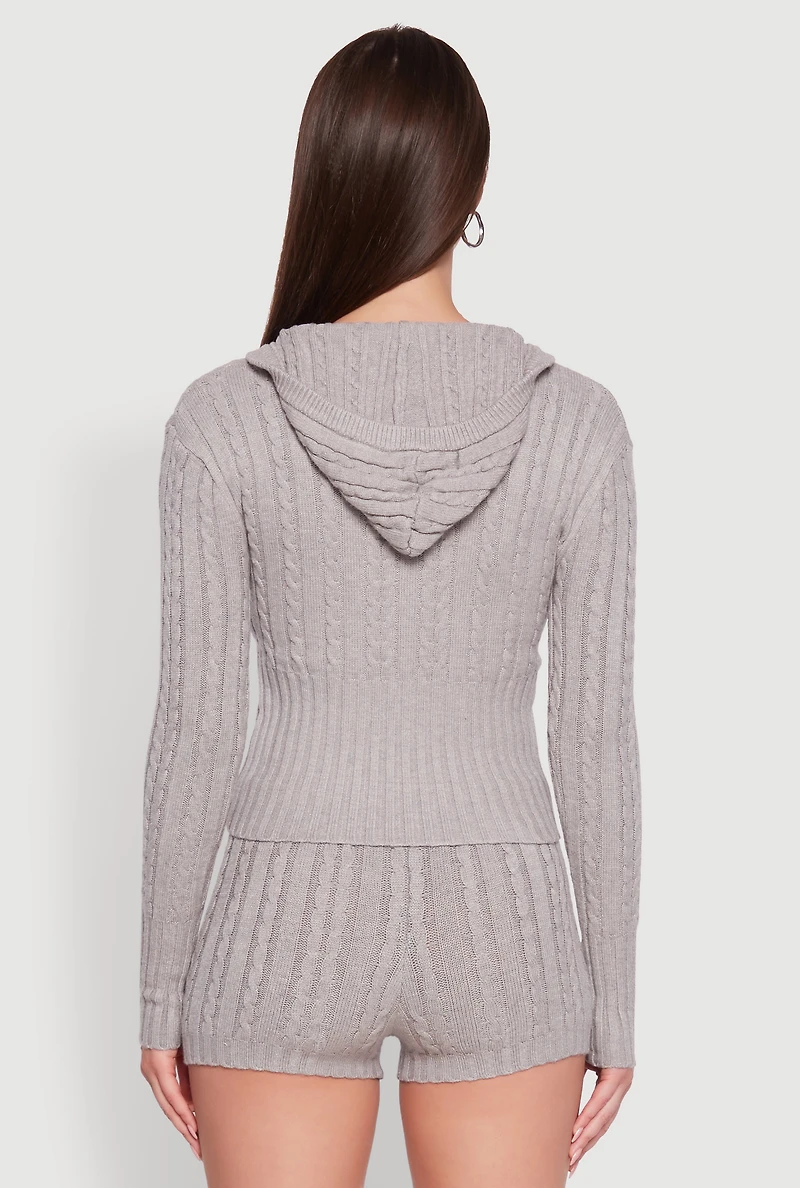 Womens Cable Knit V Neck Hooded Sweater, Grey, Size L