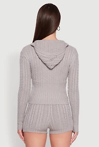 Womens Cable Knit V Neck Hooded Sweater, Grey, Size L