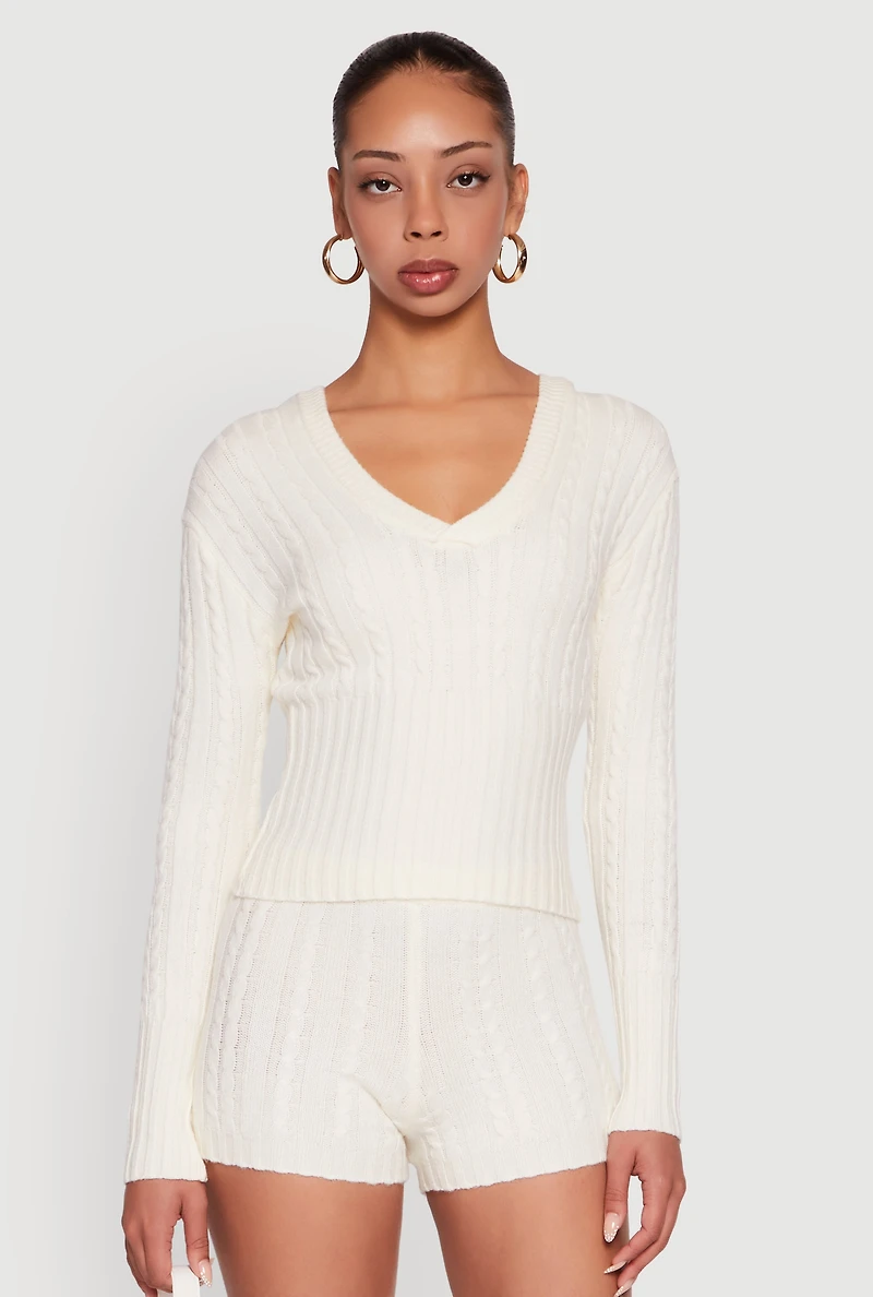 Cable Knit V Neck Hooded Sweater