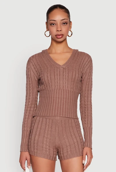 Womens Cable Knit V Neck Hooded Sweater,