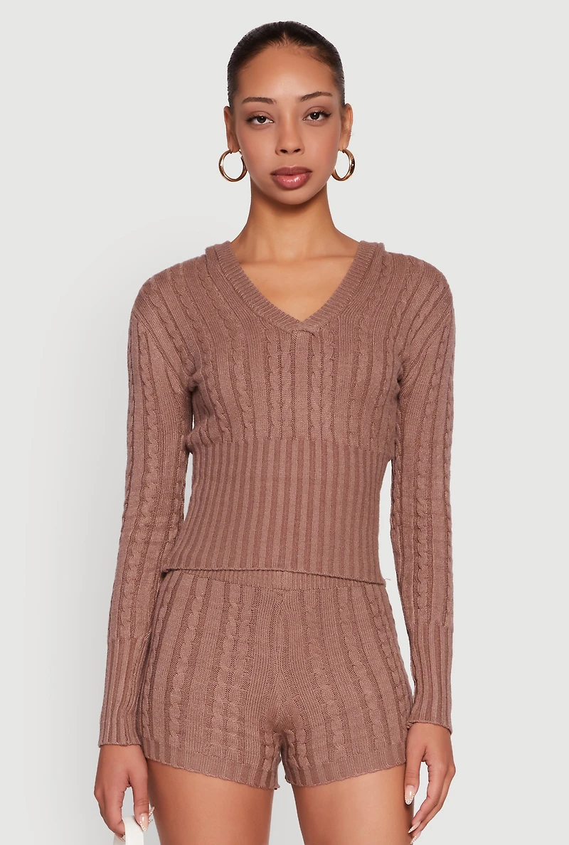 Womens Cable Knit V Neck Hooded Sweater,