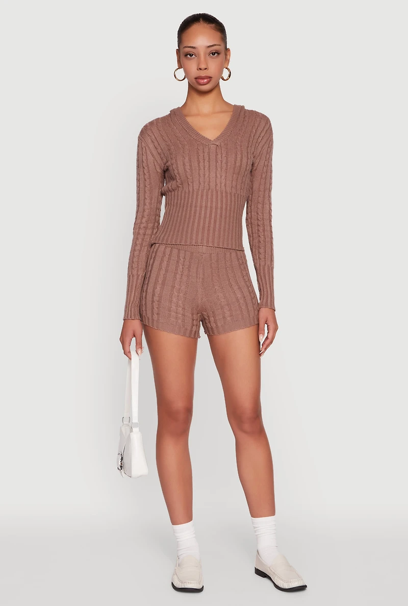 Womens Cable Knit V Neck Hooded Sweater,