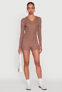 Womens Cable Knit V Neck Hooded Sweater,