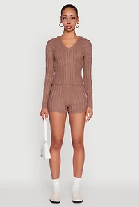 Womens Cable Knit V Neck Hooded Sweater,