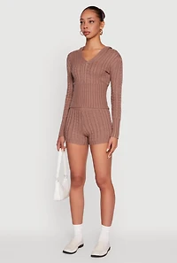 Womens Cable Knit V Neck Hooded Sweater,