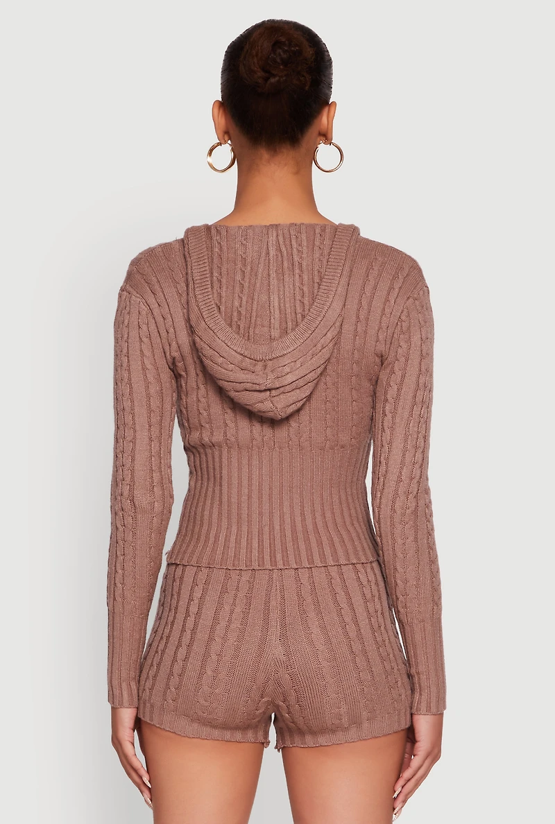 Womens Cable Knit V Neck Hooded Sweater,