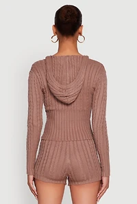Womens Cable Knit V Neck Hooded Sweater,