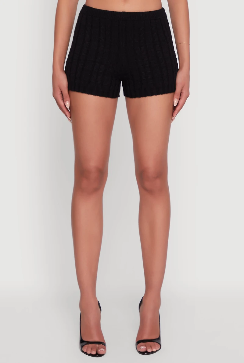 Womens Mid Rise Cable Knit Shorts, Black, Size M