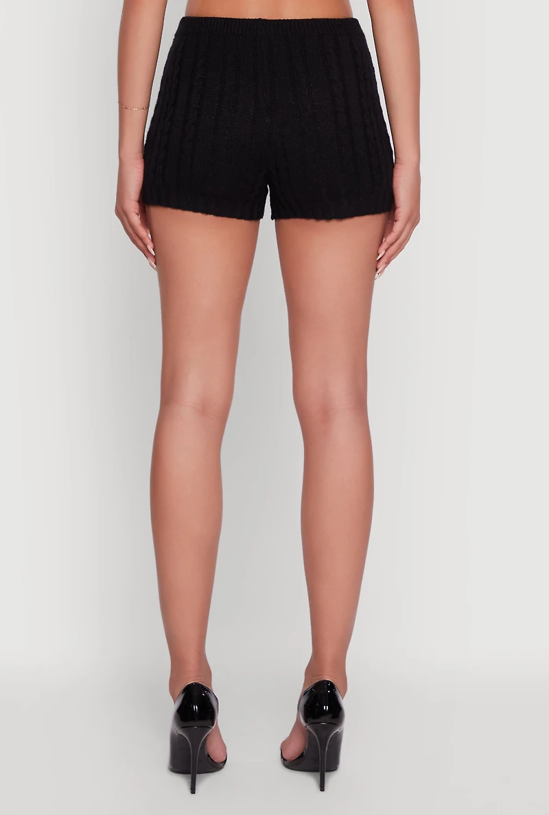 Womens Mid Rise Cable Knit Shorts, Black, Size M