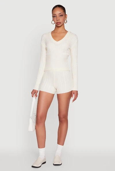 Womens Mid Rise Cable Knit Shorts, Khaki, Size L