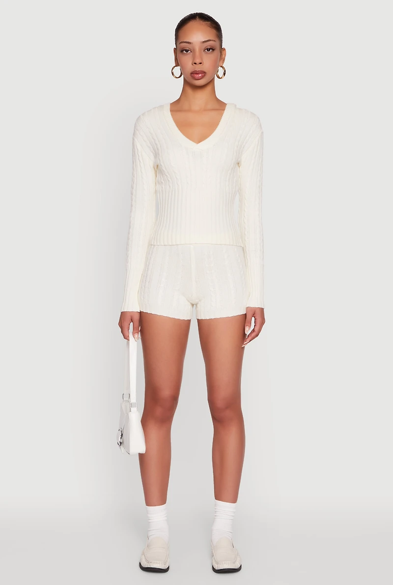 Womens Mid Rise Cable Knit Shorts, Khaki, Size XL