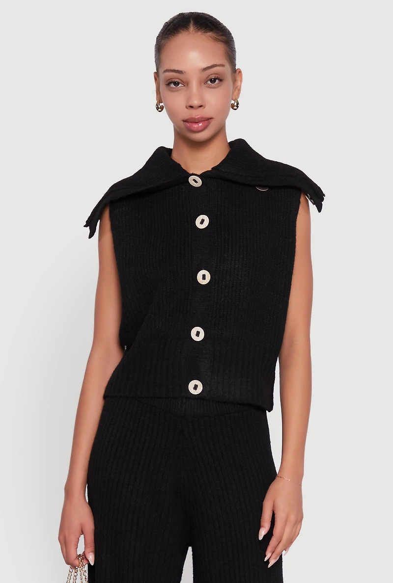 Womens Brushed Rib Knit Collared Button Front Sweater Vest, Black, Size M