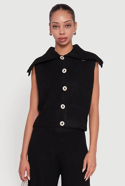 Womens Brushed Rib Knit Collared Button Front Sweater Vest, Black, Size M