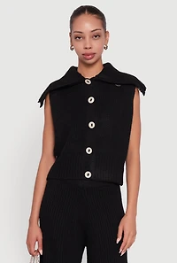 Brushed Rib Knit Collared Button Front Sweater Vest