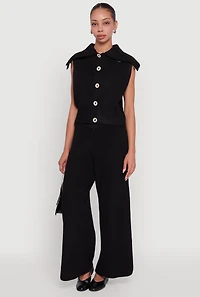 Womens Brushed Rib Knit Collared Button Front Sweater Vest, Black, Size S